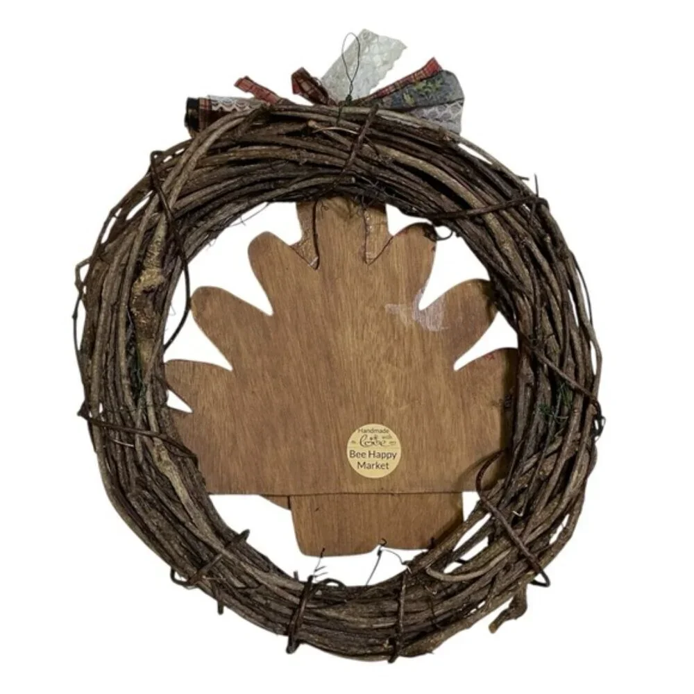 Hand Crafted Thanksgiving Turkey Wreath BeThankful Rustic Red Brown Accent 14 In